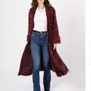 BOG, Band of the Free SUNSET BLVD RED MIXED KNIT DUSTER SWEATER, XS, NWT